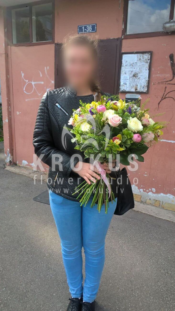 Deliver flowers to Latvia (meadow flowerslimoniumgoldenrodlupinebruniaorchidswhite rosesblue cornflowerveronicacheesewoodpeoniesdavid austin roses)