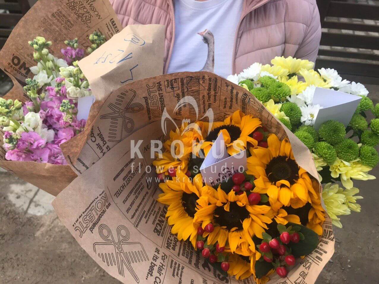 Deliver flowers to Katlakalns (freesiapistaciasunflowersmeadow flowerschrysanthemumshypericumveronica)