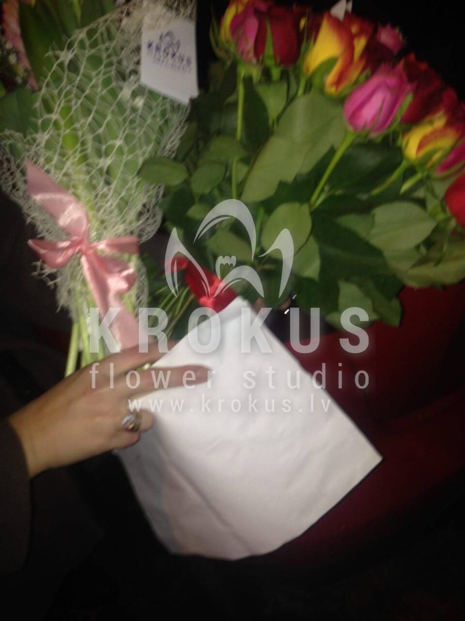 Deliver flowers to Latvia (pink rosestulipshyacinthgypsophilawhite rosesorange rosesyellow rosesred roses)