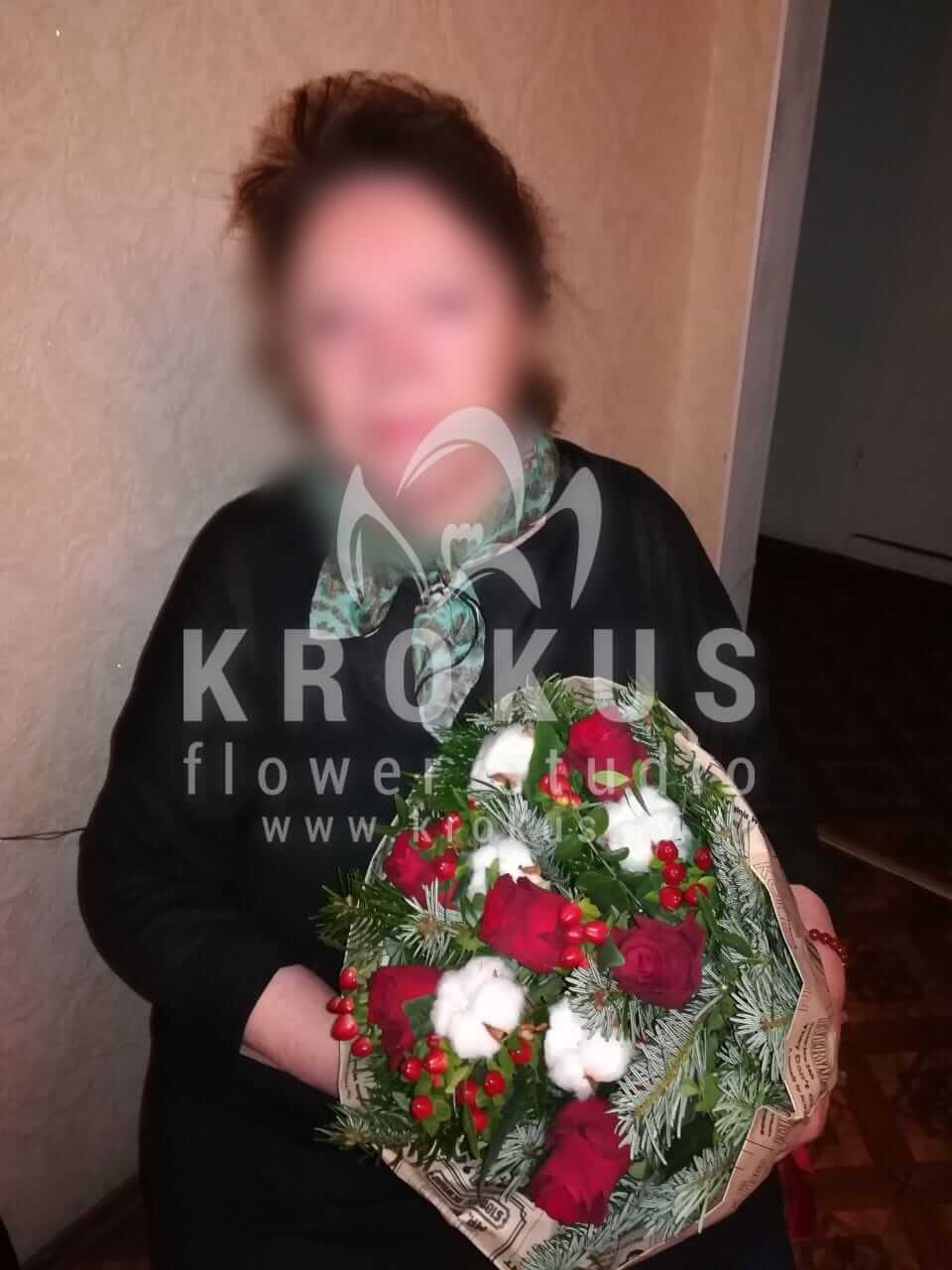 Deliver flowers to Rīga (decorcottonnoble firhypericumred roses)